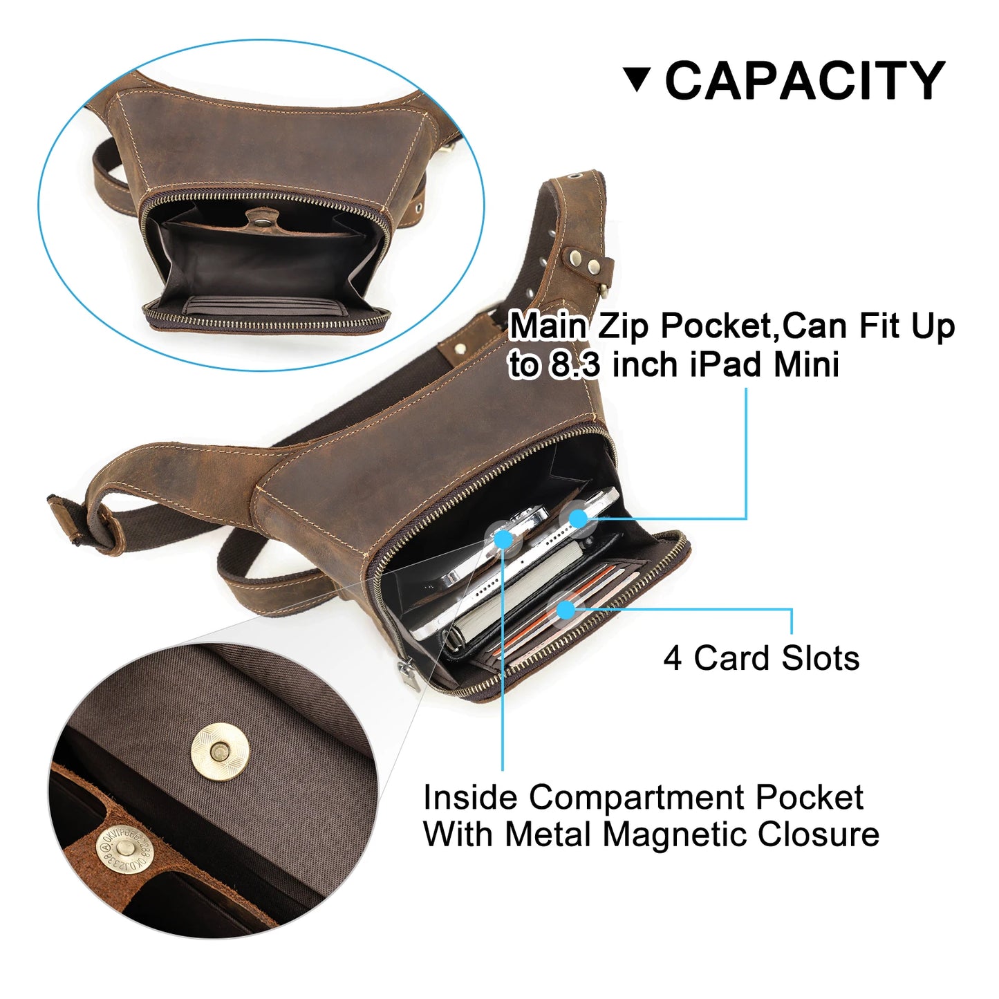 Genuine Leather Motorcycle Leg Bag and Rider Waist Pack