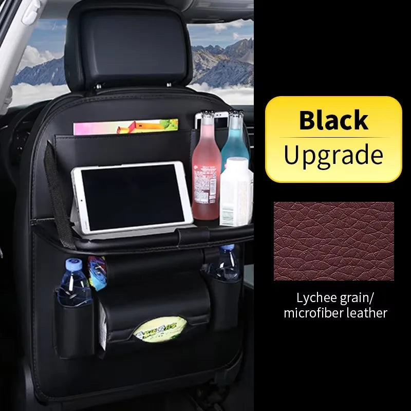 PU Car Seat Back Organizer with Foldable Tray - Travel Storage Pocket