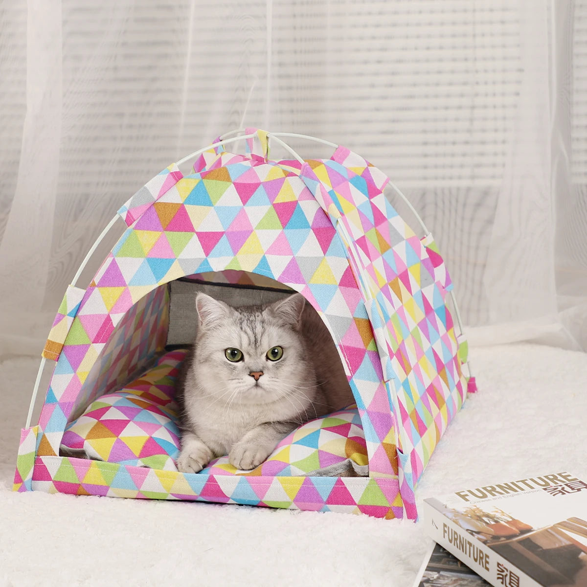 Warm Clamshell Cat Tent Bed with Cushion for Winter Rest
