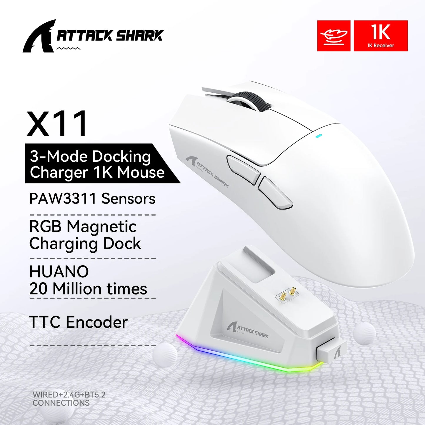 Attack Shark X11 Wireless Gaming Mouse - Tri-Mode RGB Dock
