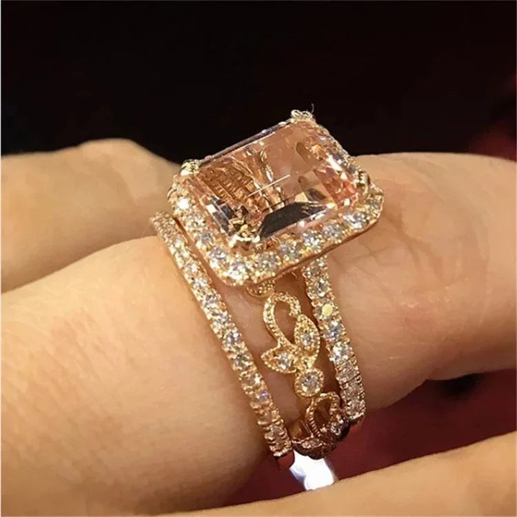 Champagne Crystal Square Statement Ring with 18K Gold Plating
