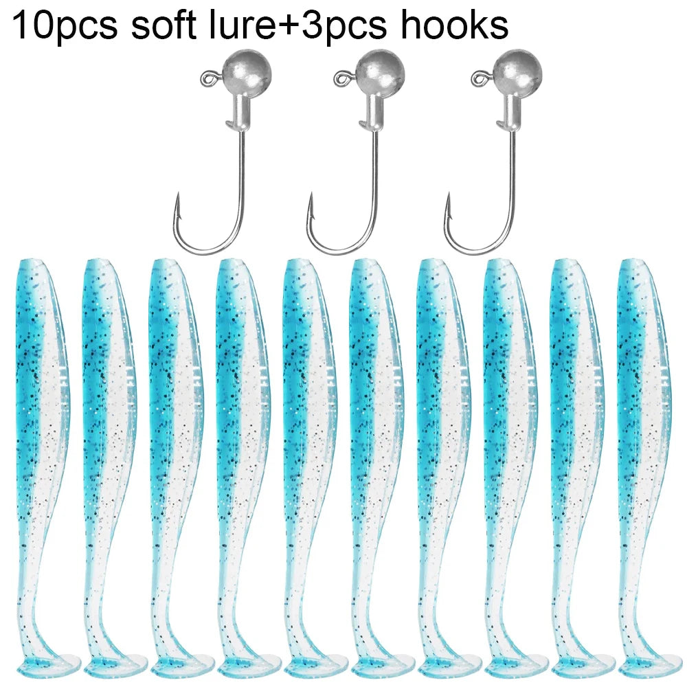 Soft Fishing Lure Kit with T-Tail Worms, Jig Hooks & Metal Jigs