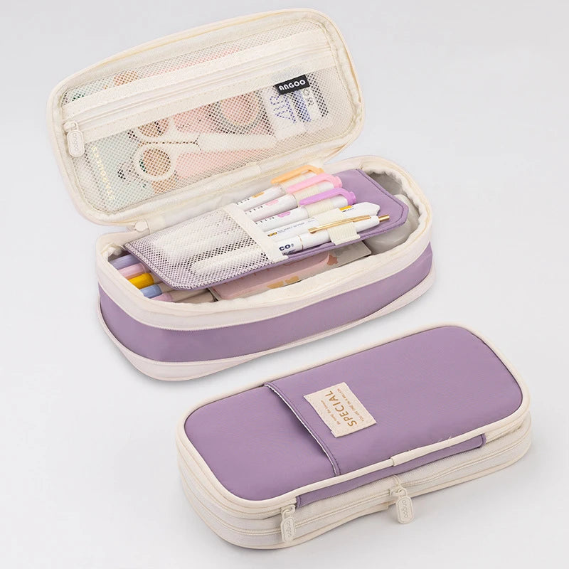 Large Double-Layer Pencil Case - Cute Fabric School Organizer