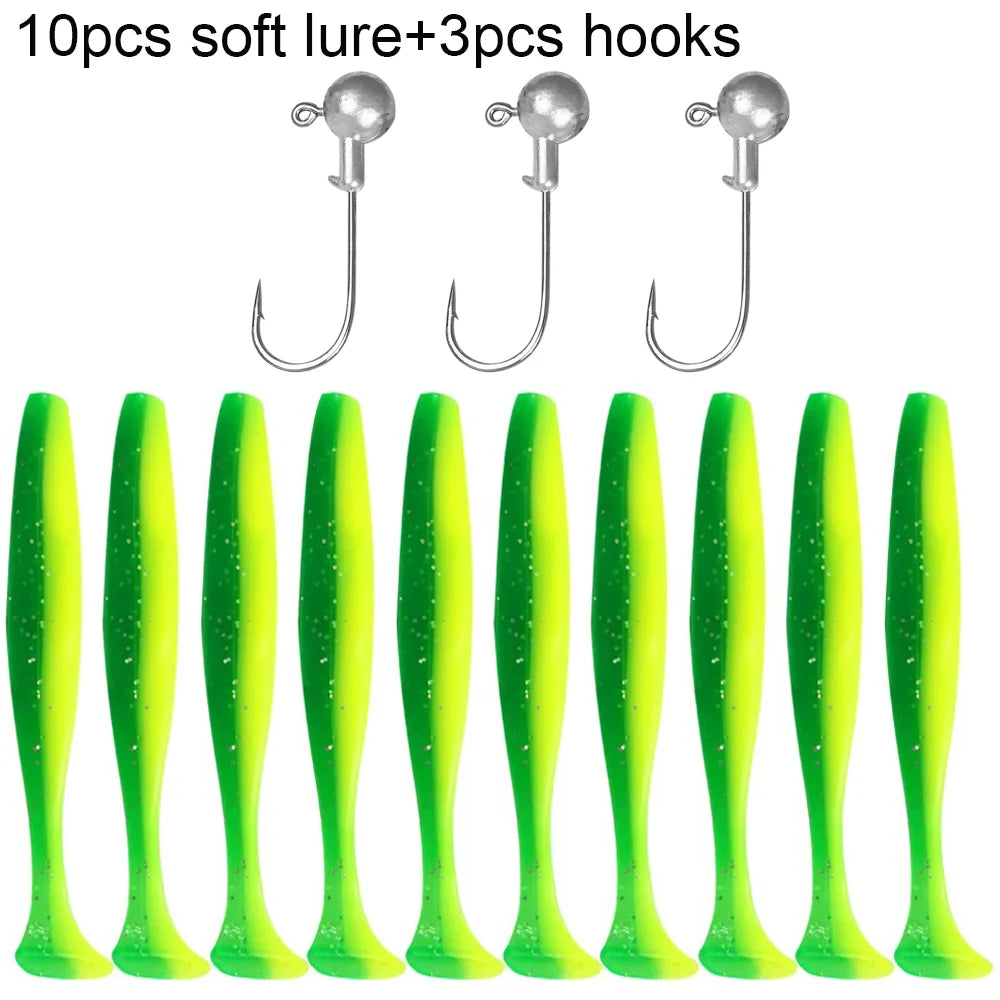 Soft Fishing Lure Kit with T-Tail Worms, Jig Hooks & Metal Jigs