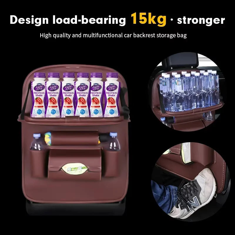 PU Car Seat Back Organizer with Foldable Tray - Travel Storage Pocket