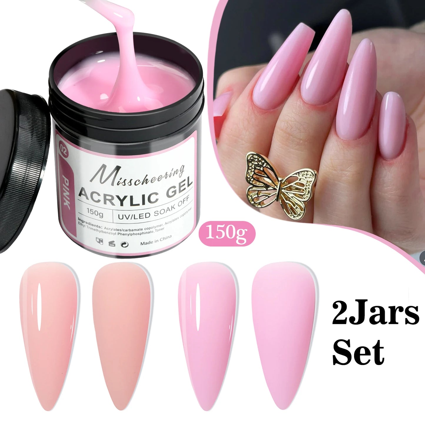 UV LED Poly Nail Gel Builder Set - Nude Pink Clear Extension Jars