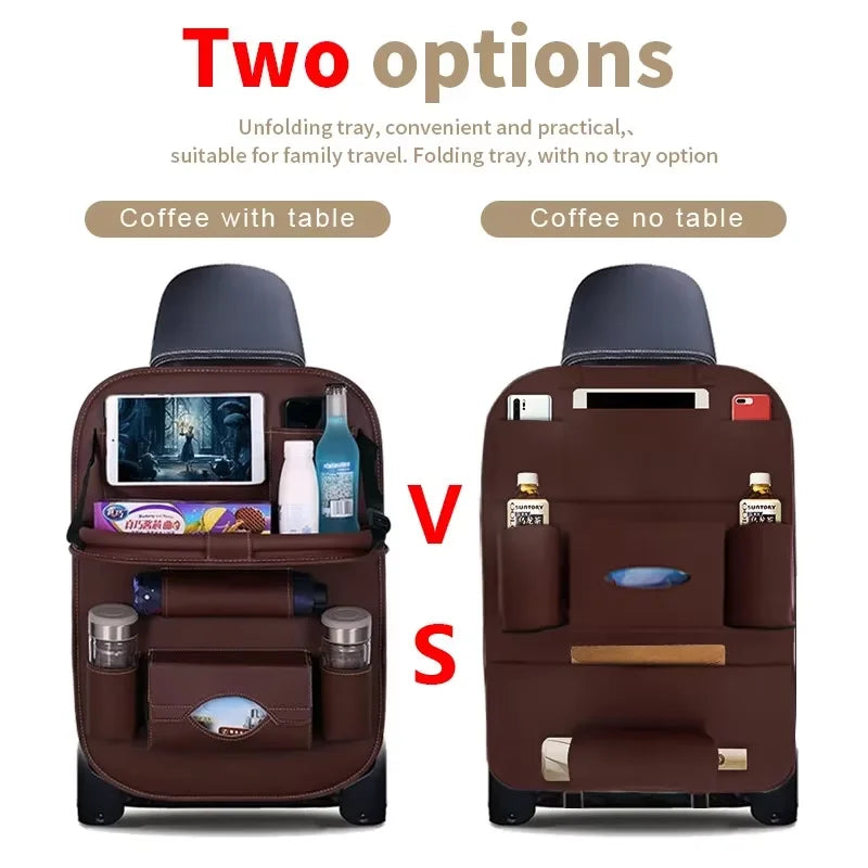 PU Car Seat Back Organizer with Foldable Tray - Travel Storage Pocket