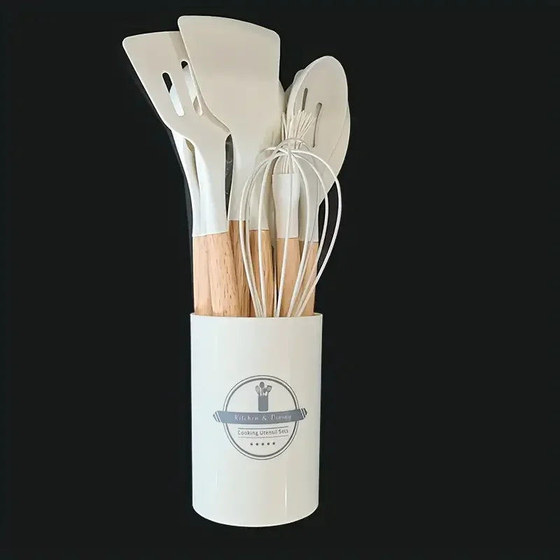 12-Piece Silicone Kitchen Utensil Set - Wooden Handle Non-Stick Tools