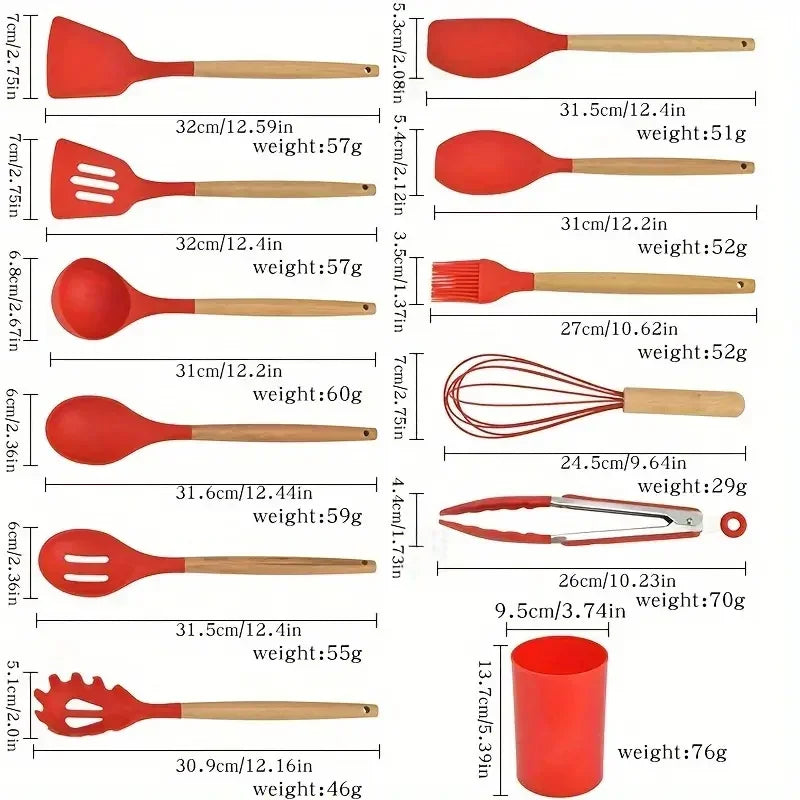 12-Piece Silicone Kitchen Utensil Set - Wooden Handle Non-Stick Tools