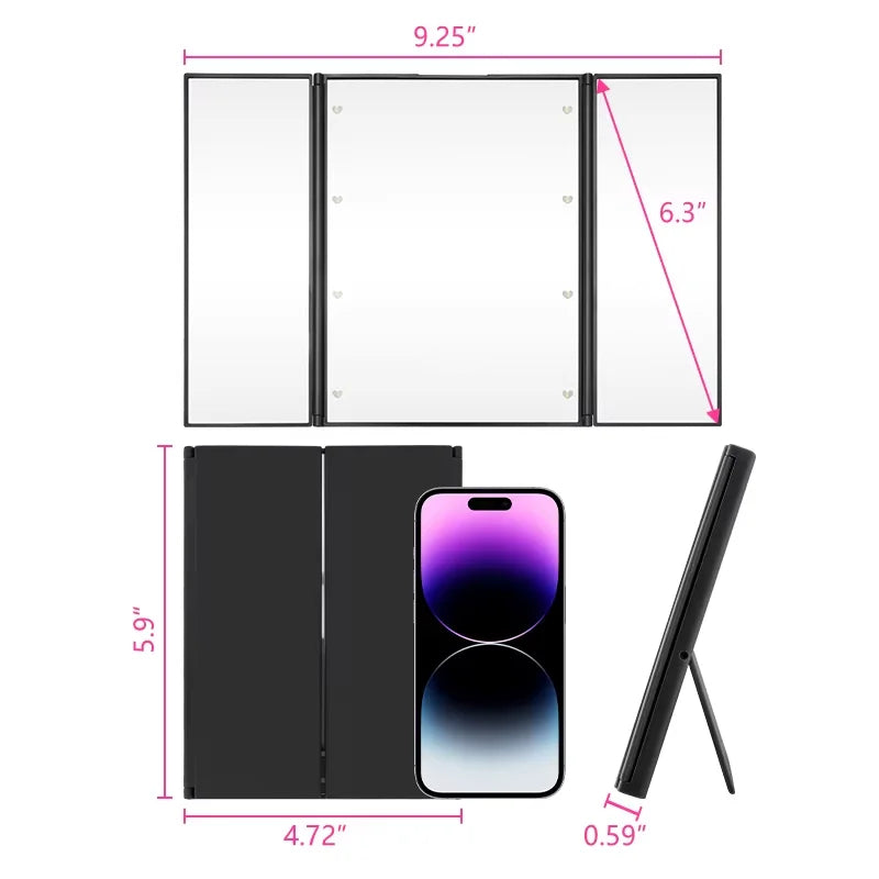 Portable LED Three-Sided Makeup Mirror with Folding Stand for Travel