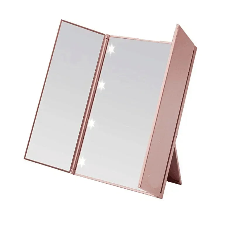 Portable LED Three-Sided Makeup Mirror with Folding Stand for Travel