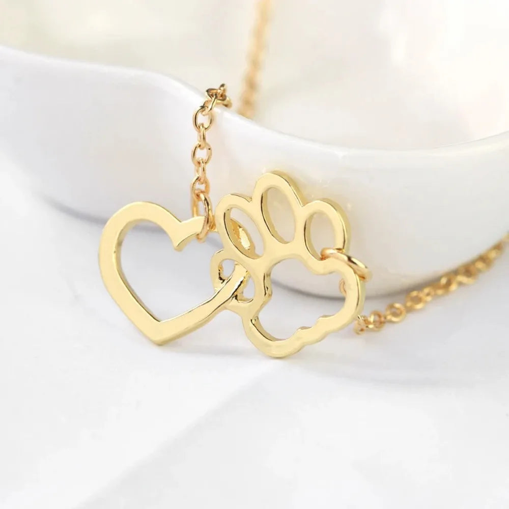 Hollow Paw Print Heart Pendant Necklace