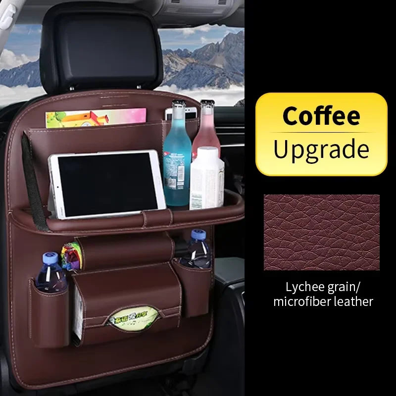 PU Car Seat Back Organizer with Foldable Tray - Travel Storage Pocket