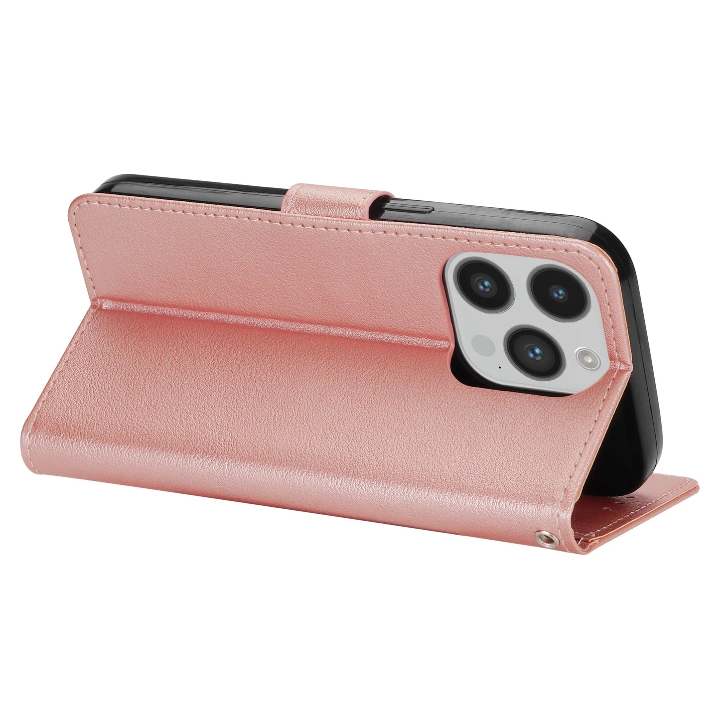 Leather Flip Wallet Case with Strap & Stand for iPhone Models
