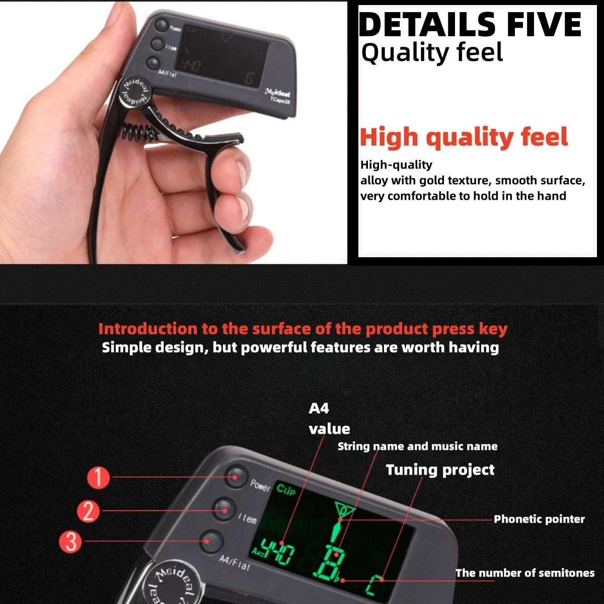 2-in-1 Guitar Capo and LED Tuner for Acoustic, Electric, Bass & Ukulele