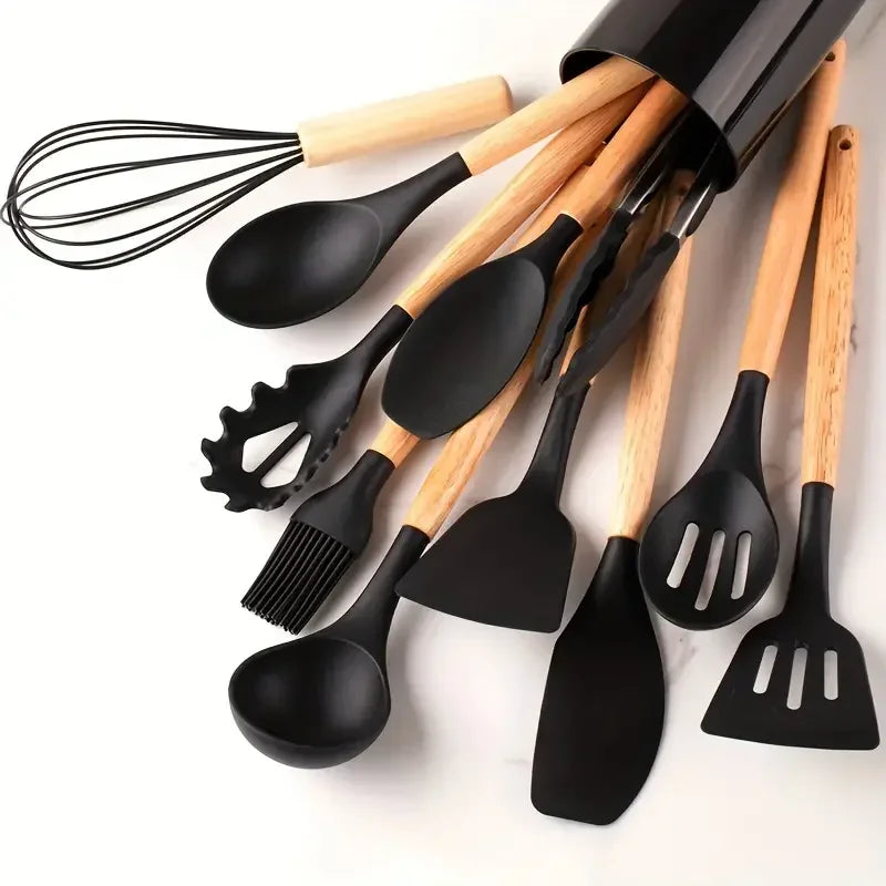 12-Piece Silicone Kitchen Utensil Set - Wooden Handle Non-Stick Tools