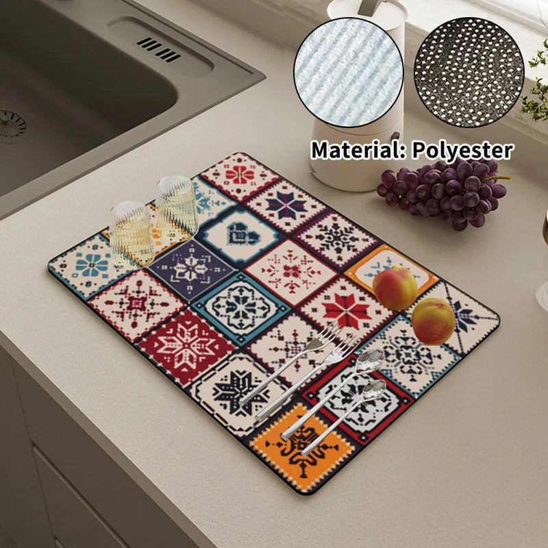 Super Absorbent Printed Dish Drying Mat for Kitchen Counters