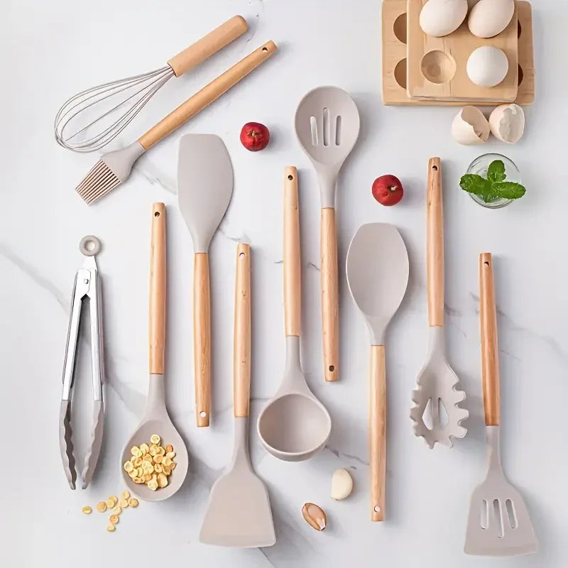 12-Piece Silicone Kitchen Utensil Set - Wooden Handle Non-Stick Tools