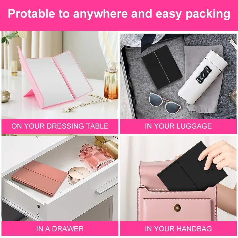 Portable LED Three-Sided Makeup Mirror with Folding Stand for Travel