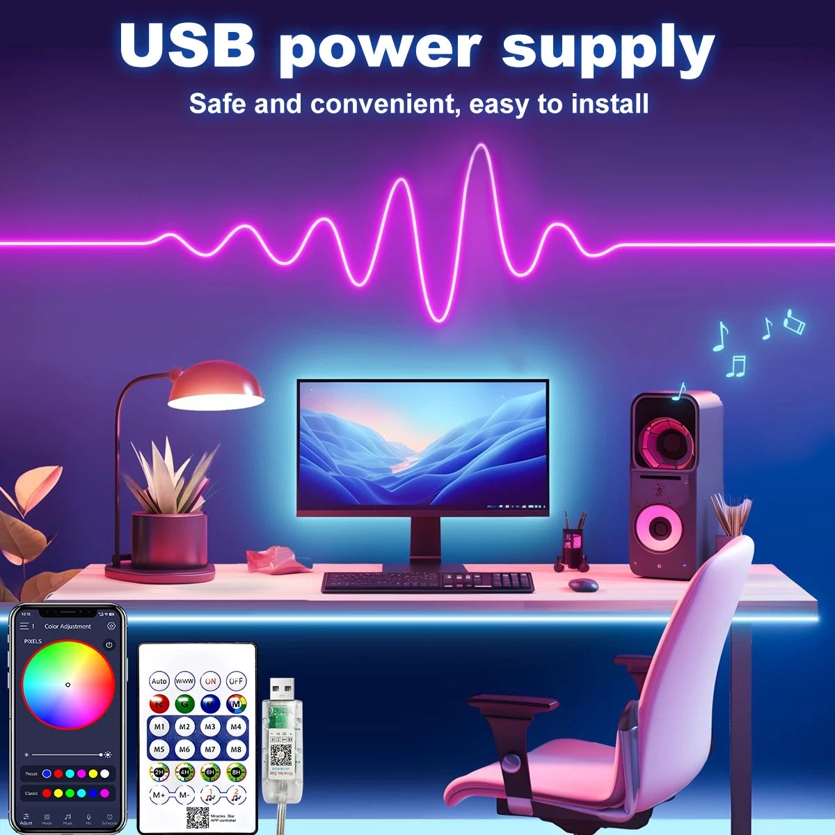 RGBIC USB Neon Strip Light with Bluetooth Remote Control