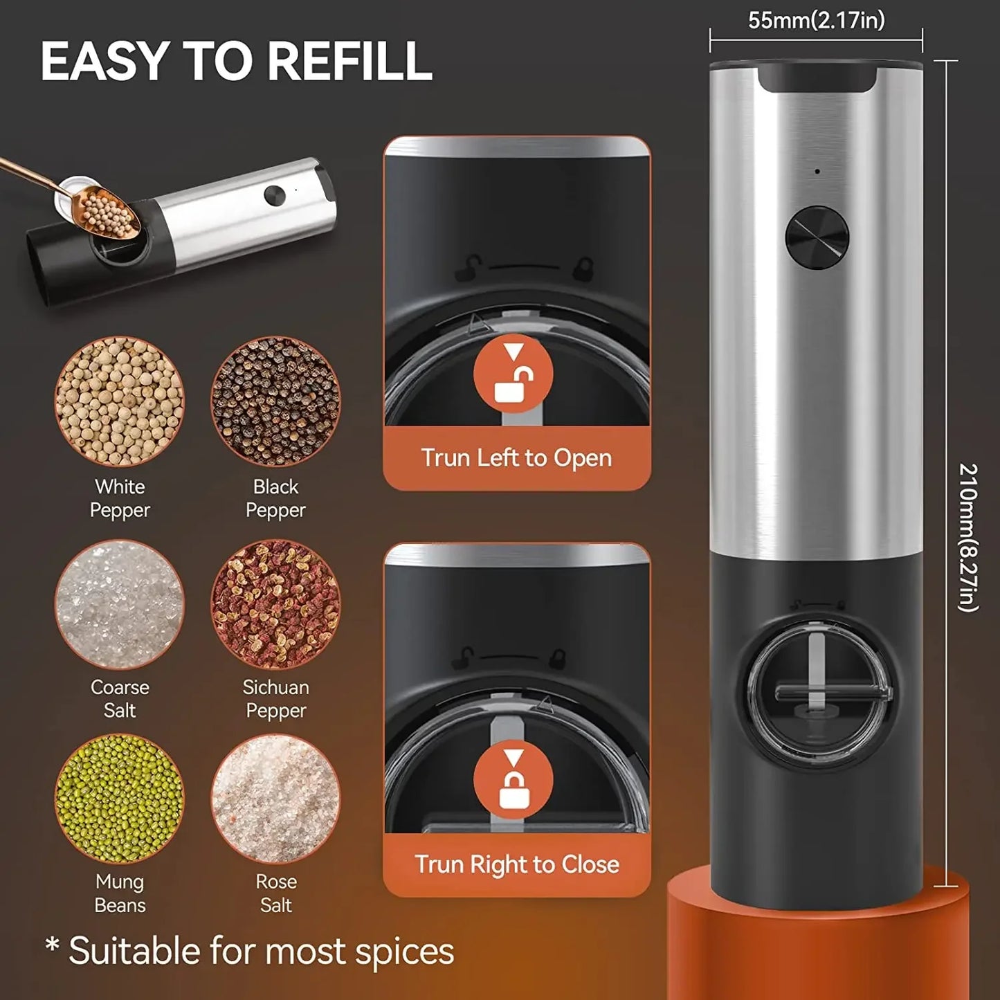 Rechargeable Stainless Steel Electric Salt and Pepper Grinder Set