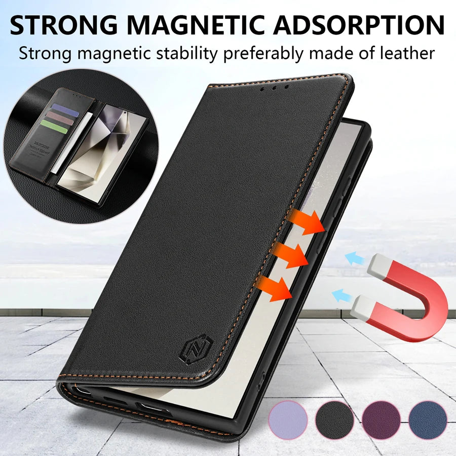 Samsung Galaxy Magnetic Flip Wallet Case with Card Slot & Kickstand