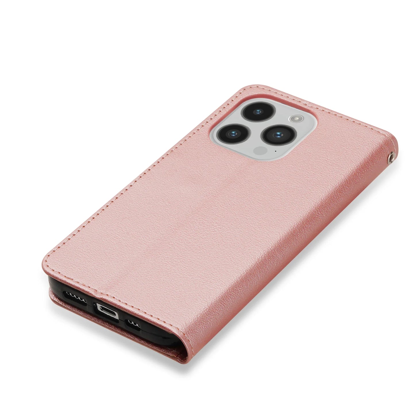 Leather Flip Wallet Case with Strap & Stand for iPhone Models