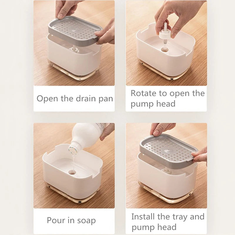 Press Soap Dispenser with Sponge Holder for Kitchen and Bathroom