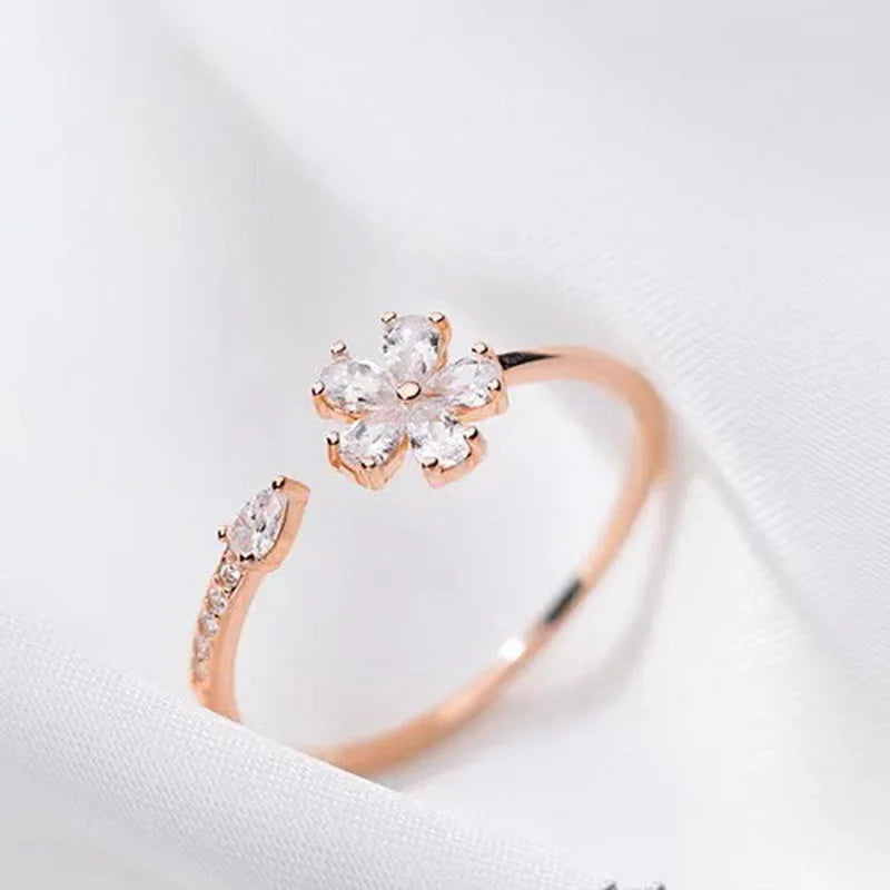 Zircon Flower Adjustable Open Ring for Women
