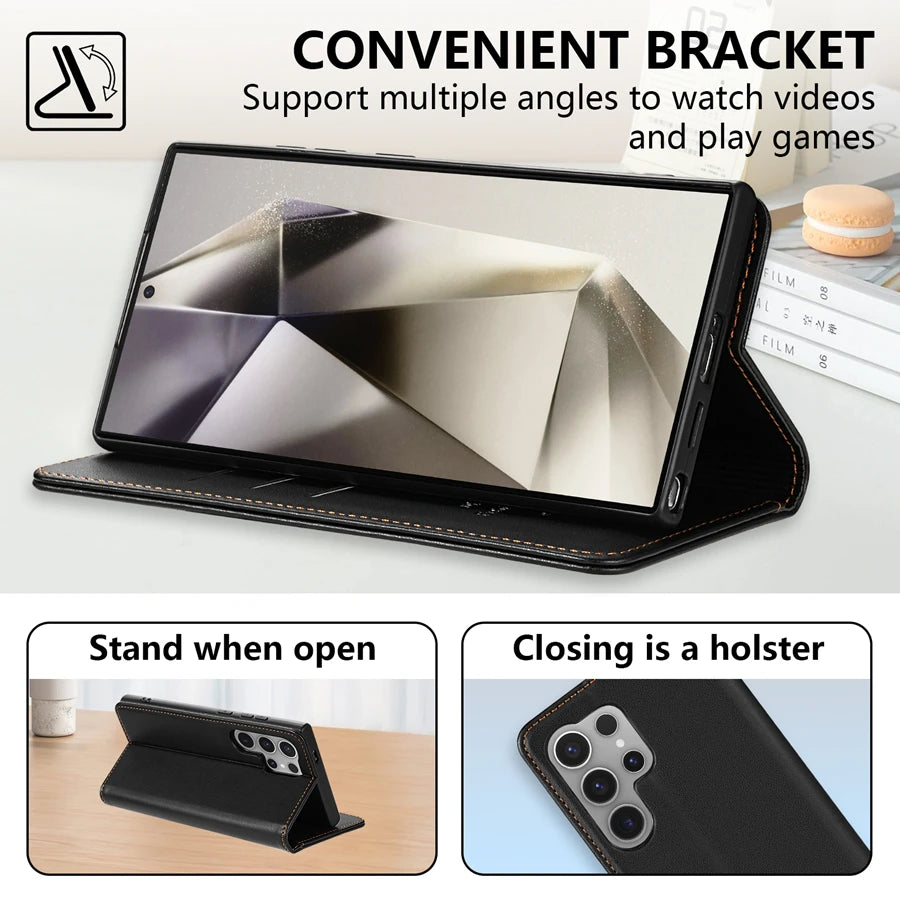 Samsung Galaxy Magnetic Flip Wallet Case with Card Slot & Kickstand