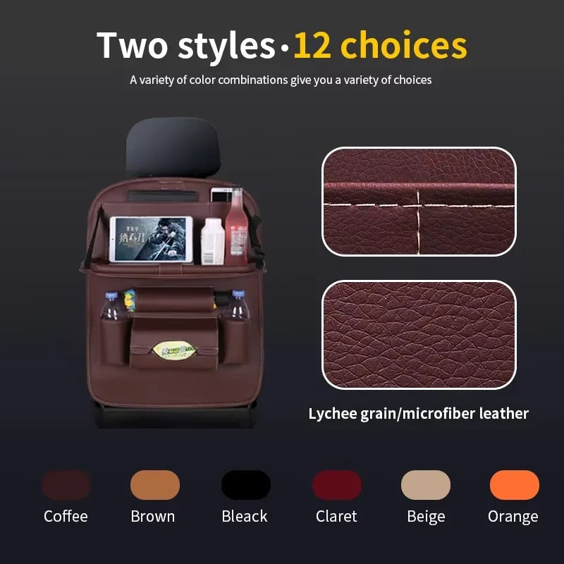 PU Car Seat Back Organizer with Foldable Tray - Travel Storage Pocket