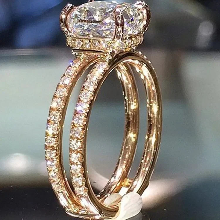 Champagne Crystal Square Statement Ring with 18K Gold Plating