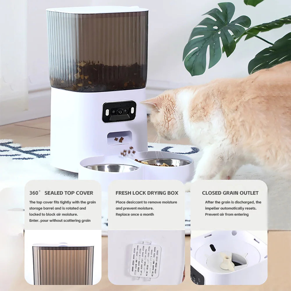 5L Smart Automatic Cat Feeder with Camera, Double Bowls & Voice Recorder