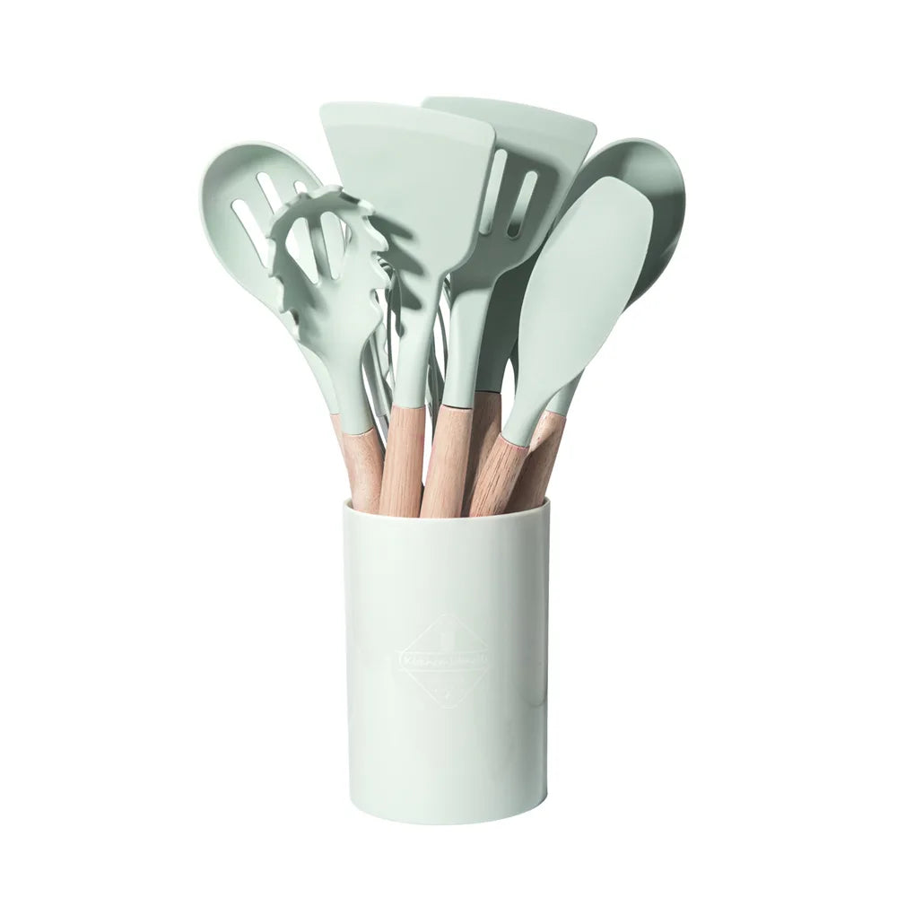 12-Piece Silicone Kitchen Utensil Set - Wooden Handle Non-Stick Tools