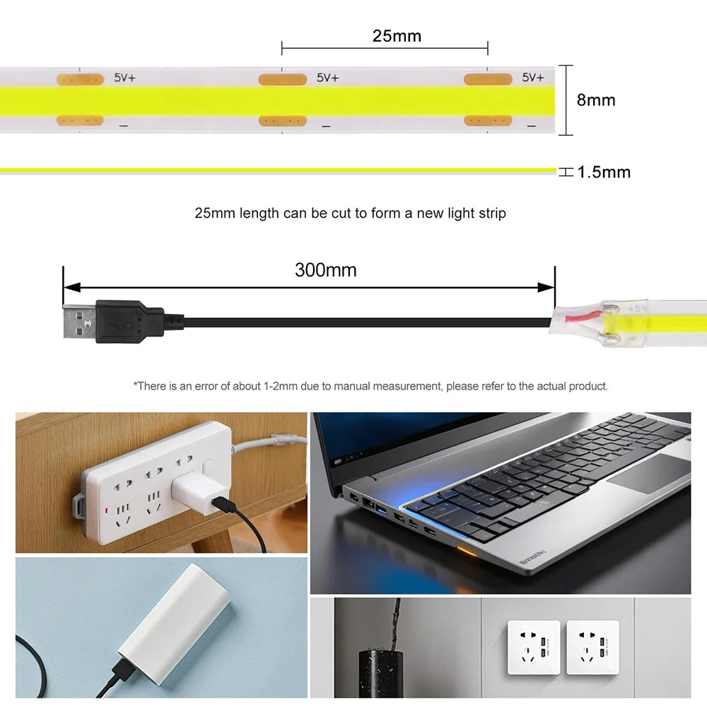 USB COB Cabinet Strip Light 320 LEDs/m 5V Flexible Ribbon