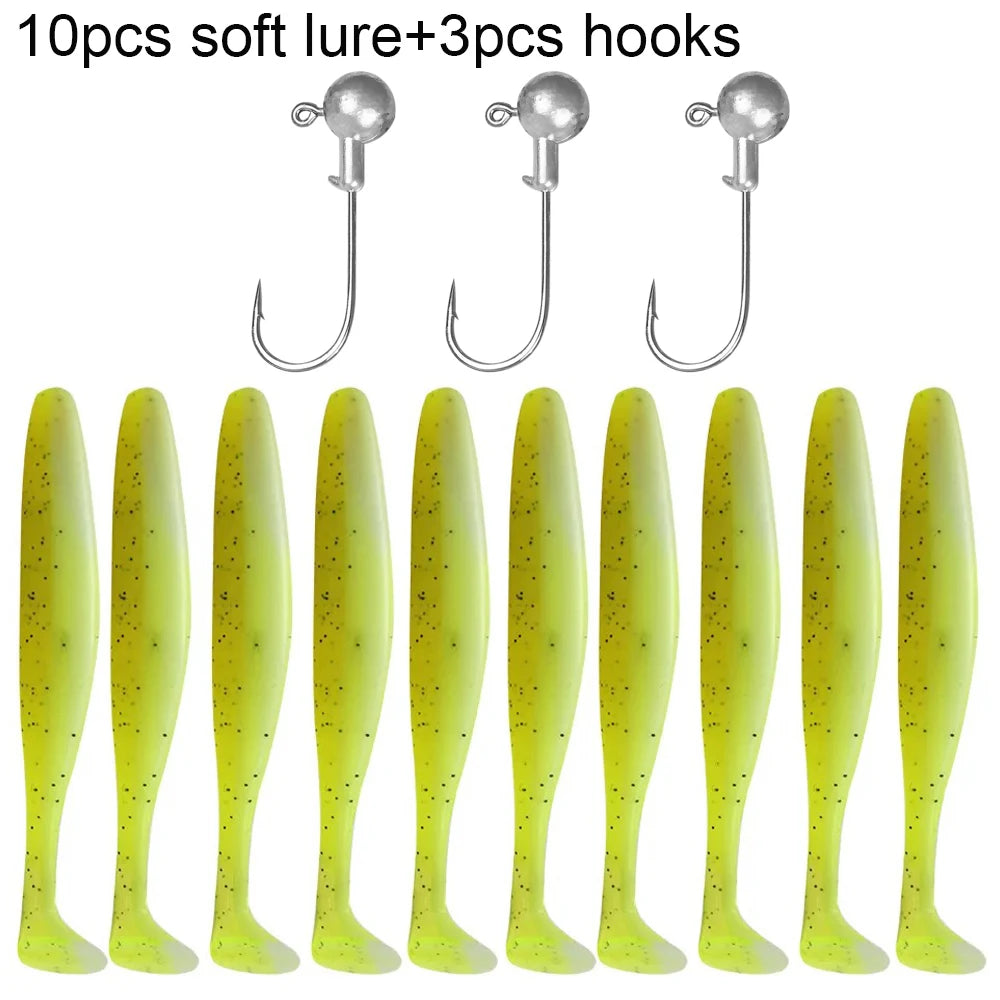 Soft Fishing Lure Kit with T-Tail Worms, Jig Hooks & Metal Jigs