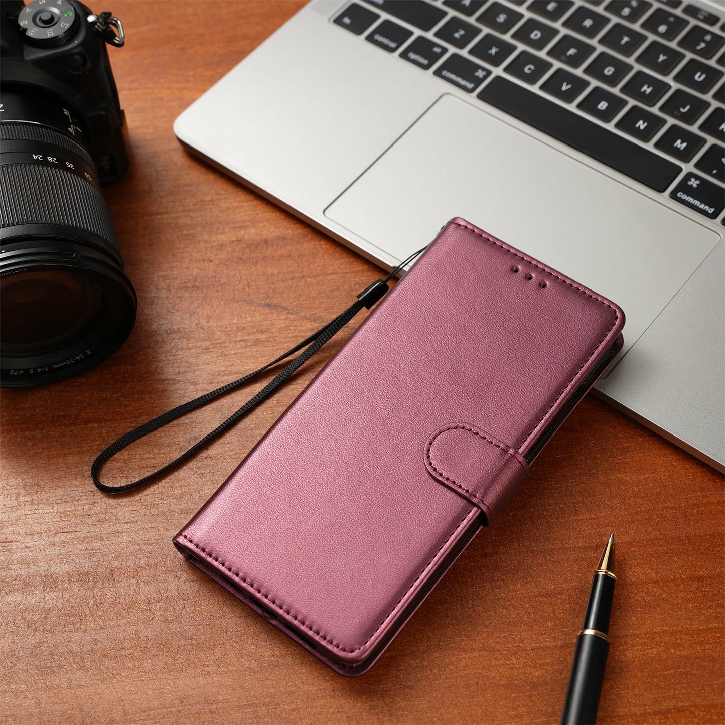 Leather Flip Wallet Case with Strap & Stand for iPhone Models