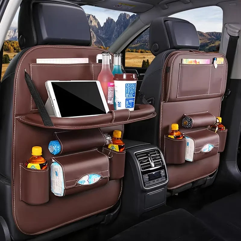 PU Car Seat Back Organizer with Foldable Tray - Travel Storage Pocket