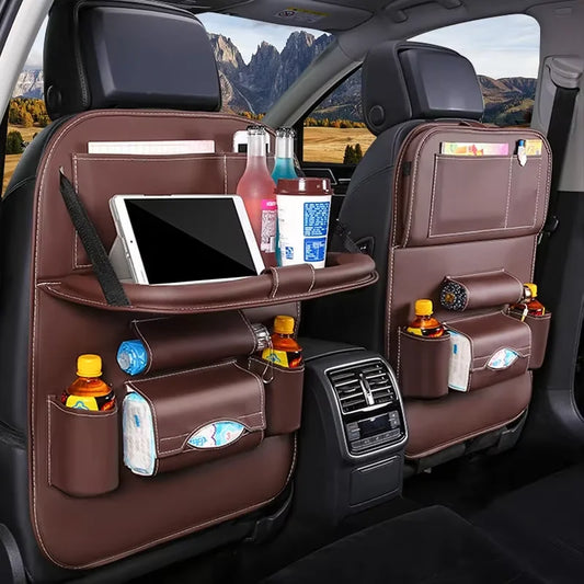 PU Car Seat Back Organizer with Foldable Tray - Travel Storage Pocket