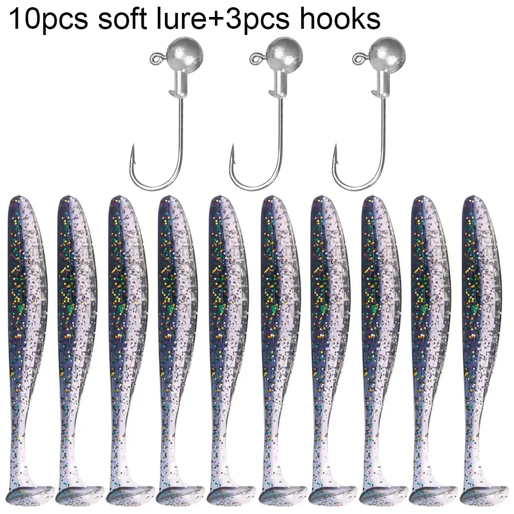 Soft Fishing Lure Kit with T-Tail Worms, Jig Hooks & Metal Jigs