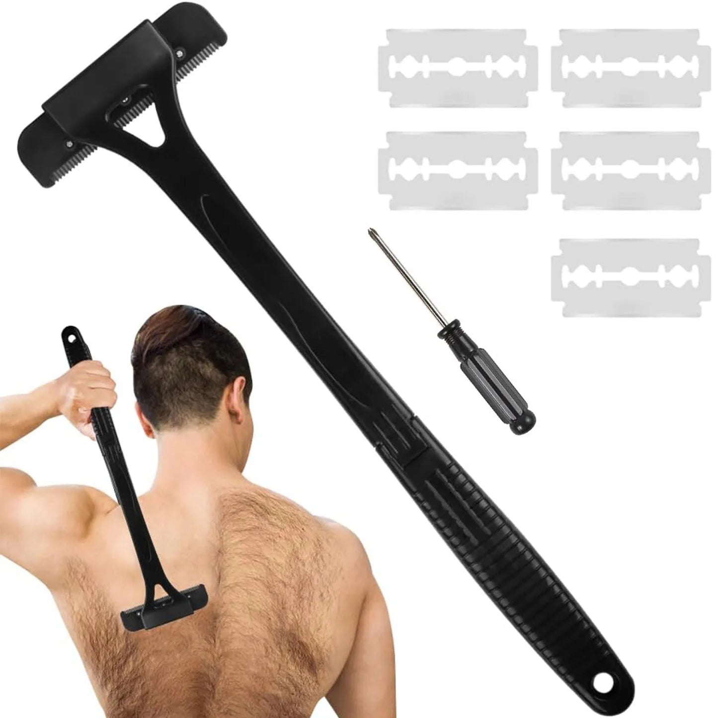 Men Long Handle Foldable Back and Body Shaver with 5 Replacement Blades