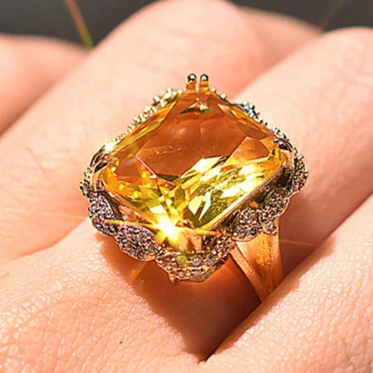 Champagne Crystal Square Statement Ring with 18K Gold Plating