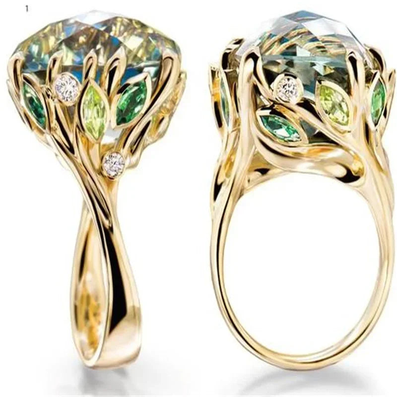 Champagne Crystal Square Statement Ring with 18K Gold Plating