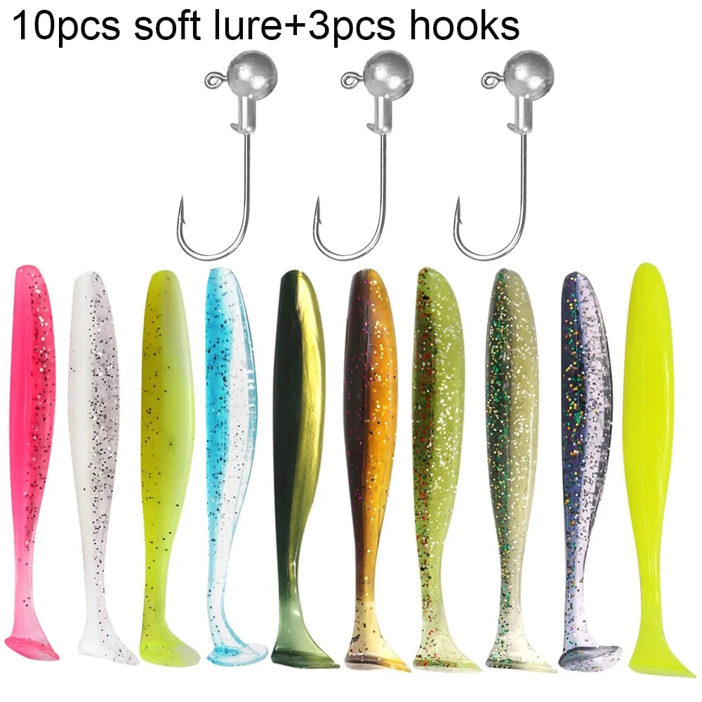 Soft Fishing Lure Kit with T-Tail Worms, Jig Hooks & Metal Jigs