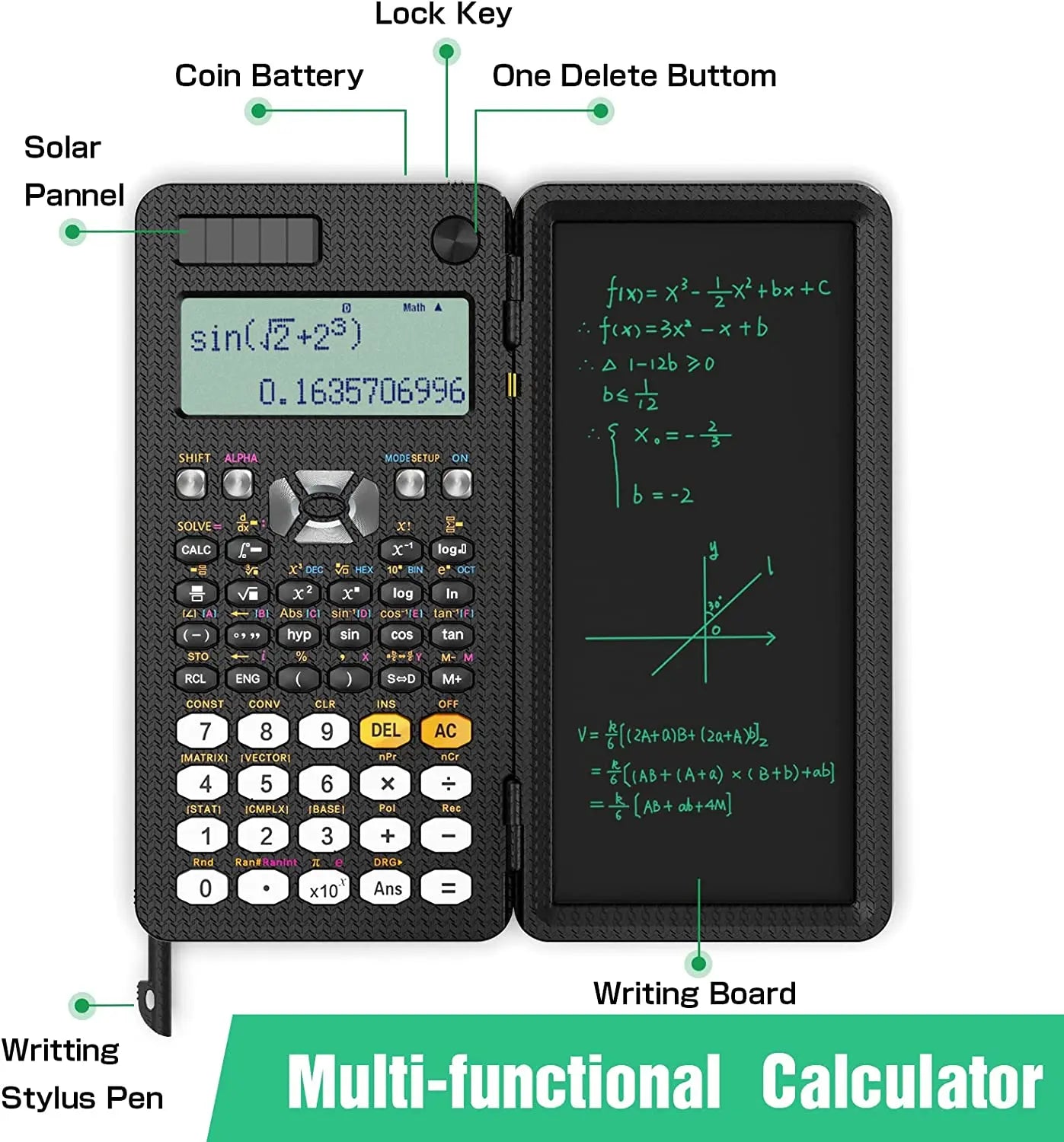 Solar Scientific Calculator with LCD Notepad and 417 Functions for Students