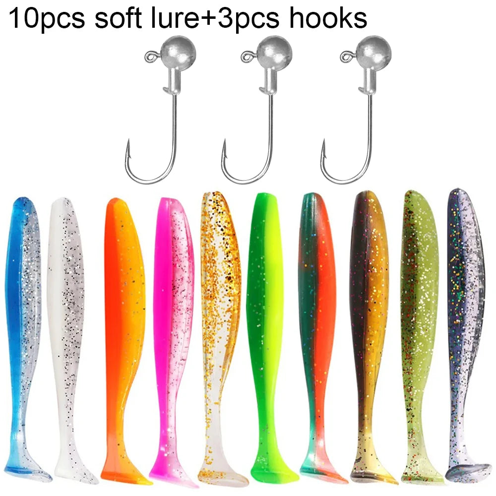 Soft Fishing Lure Kit with T-Tail Worms, Jig Hooks & Metal Jigs