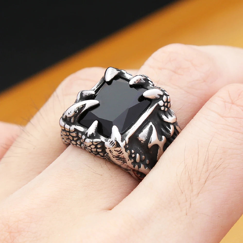 Gothic Dragon Claw Stainless Steel Black Stone Ring