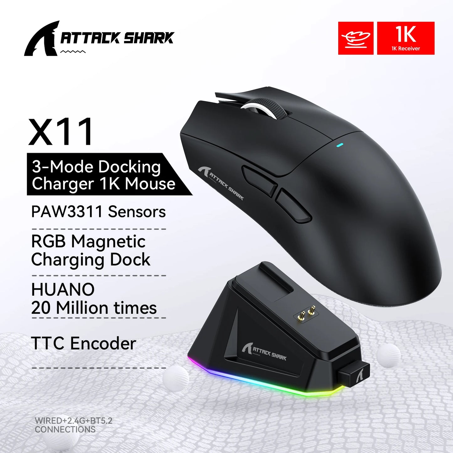 Attack Shark X11 Wireless Gaming Mouse - Tri-Mode RGB Dock