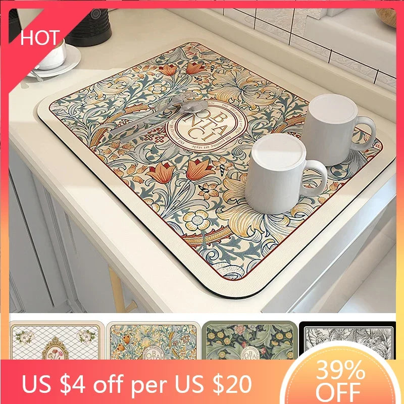Super Absorbent Printed Dish Drying Mat for Kitchen Counters