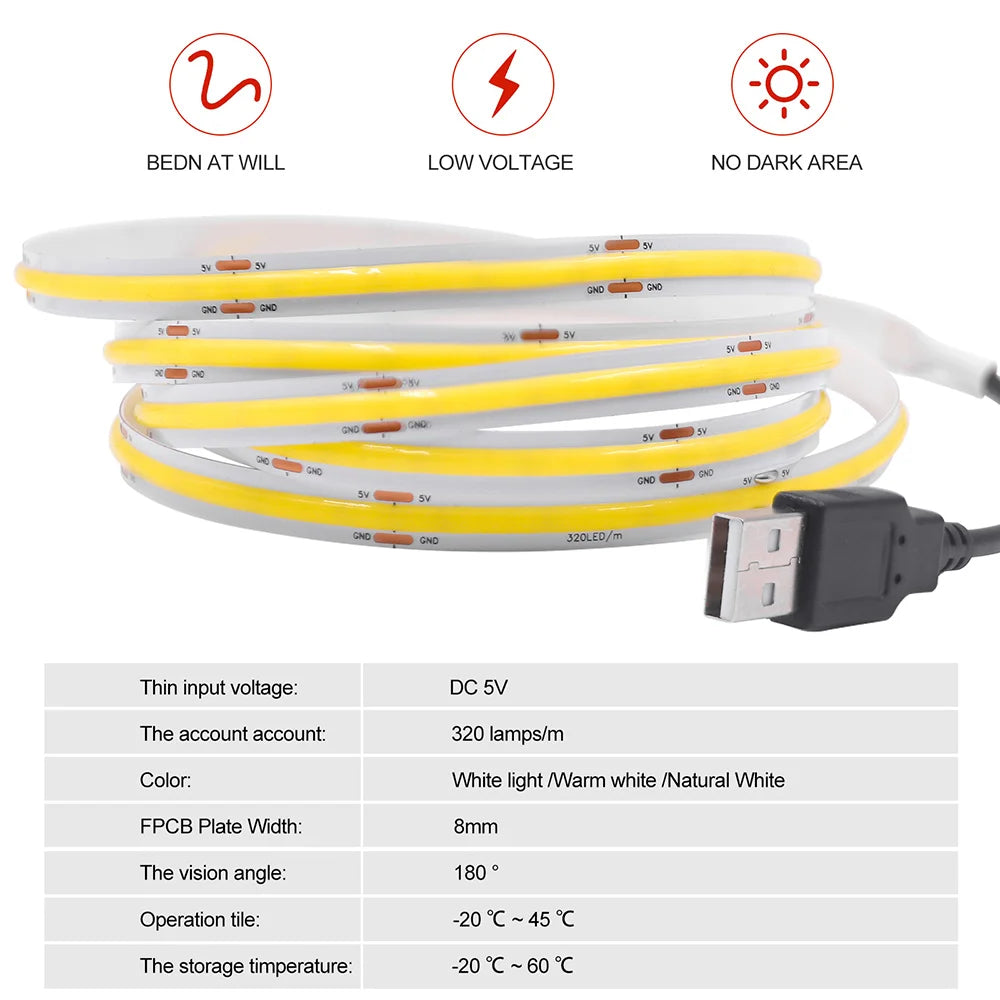 USB COB Cabinet Strip Light 320 LEDs/m 5V Flexible Ribbon